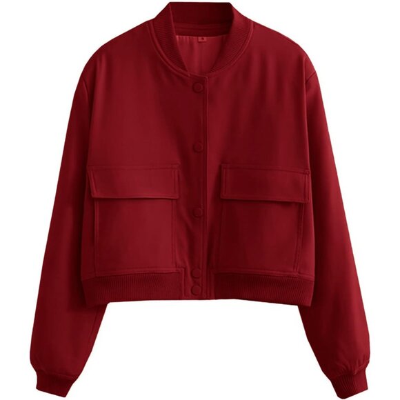 Women Red Cropped Bomber Jacket Button Down Varsity Shacket with Pockets - Picture 5 of 5